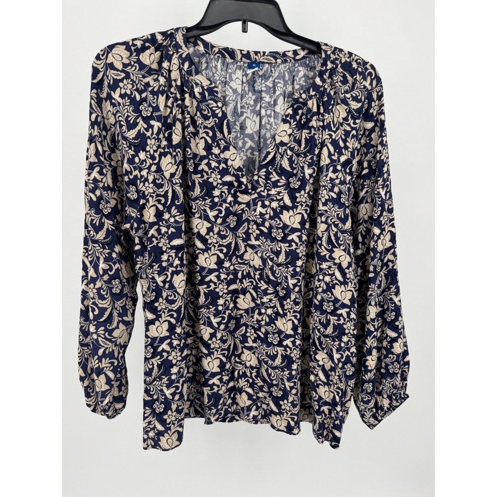 Old Navy Peasant Floral Print Blouse Top Womens XL Extra Large Navy Blue Beige